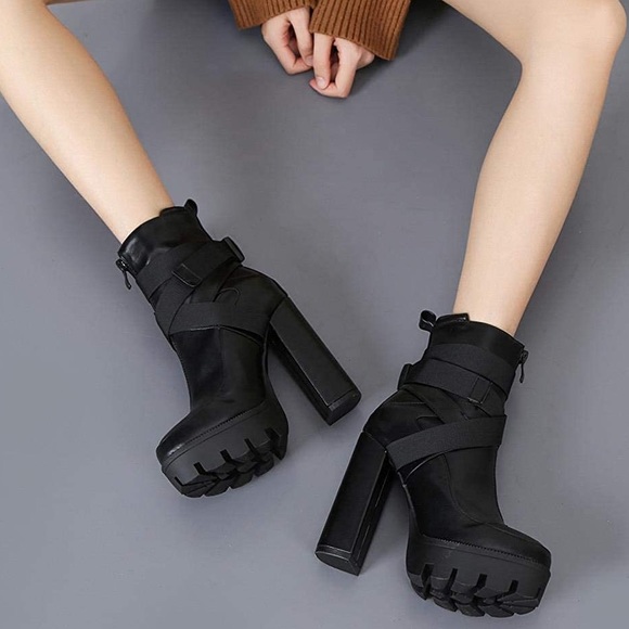 Camssoo Shoes - Camssoo Platform Combat Boots Chunky Block Heel Boot Zip Up Heeled Ankle Booties